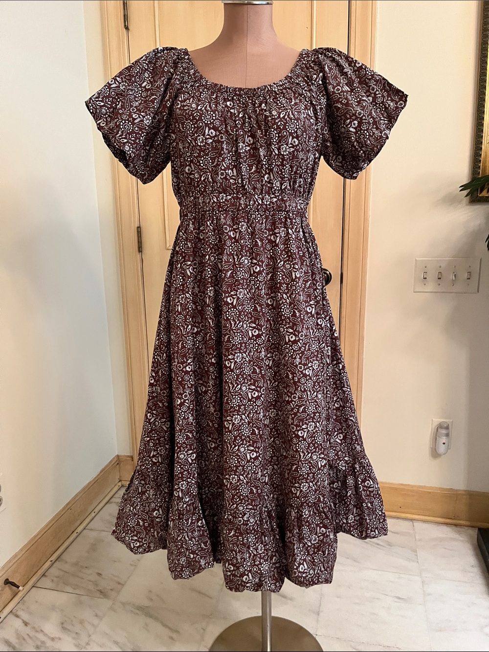 ELLISON NWT Cottage Coquette Brown/White Floral Bubble Puff SLV/Hem Midi Dress L